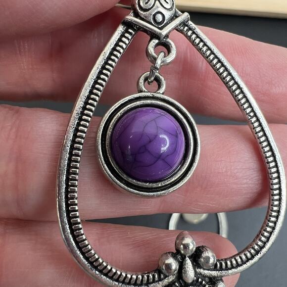 Teardrop Earrings Boho Silver Tone Ethnic Purple Stone Ethereal Emblem Purple - Picture 5 of 10